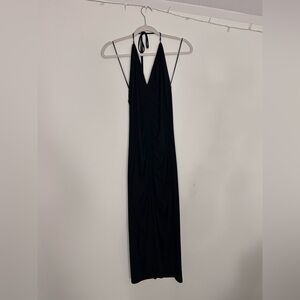 ZARA Halter Neckline Tie Backless Ruched Draped Black Dress with middle slit